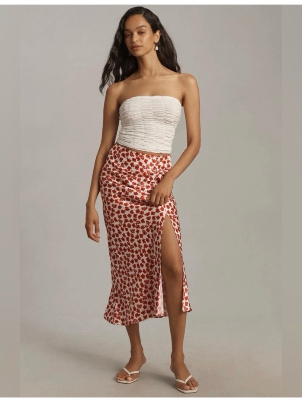 Anthropologie Maeve Red Floral Satin Midi Skirt with Side Slit, Size Small